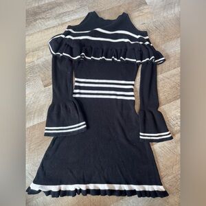 VENUS size SMALL black short sweater dress, ruffle top and hem, flare sleeve